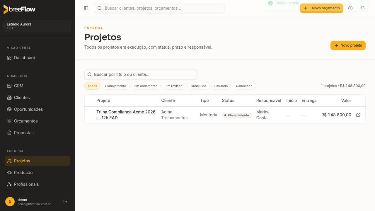 Lista de projetos EAD em andamento no breeFlow com status, responsável e valor